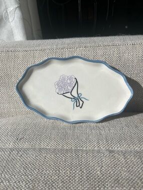 Floral Bouquet Ceramic Trinket Dish with Blue Rim